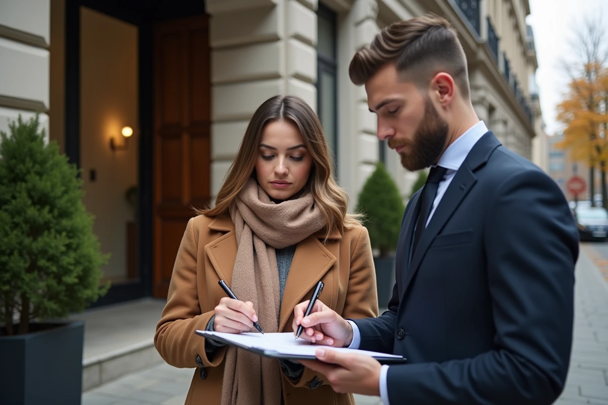 Femme signant une assurance logement devant un immeuble élégant