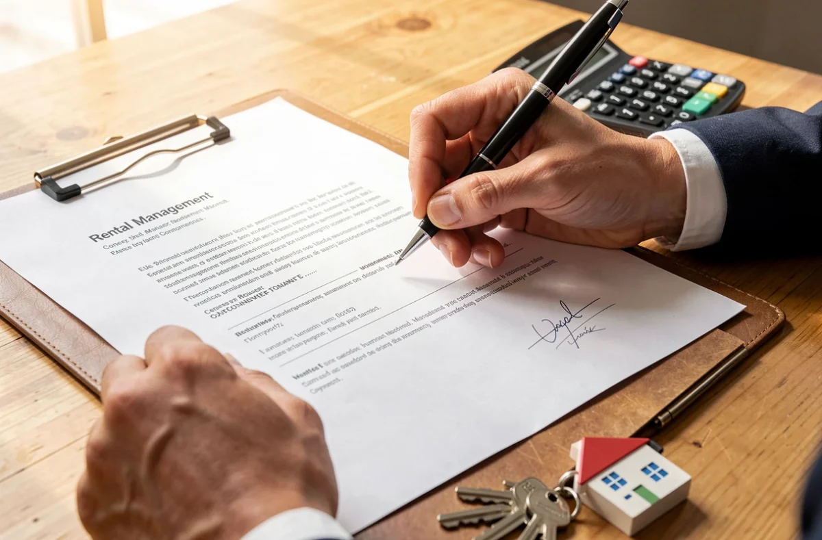 Signature d'un mandat de gestion locative sur un bureau