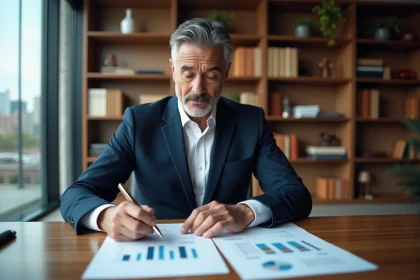 Conseiller en gestion de patrimoine analysant des documents fonciers et immobiliers dans un bureau professionnel en 2026
