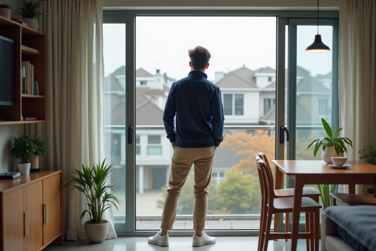 Jeune étudiant dans un studio meublé moderne avec vue sur le quartier résidentiel de La Roche-sur-Yon