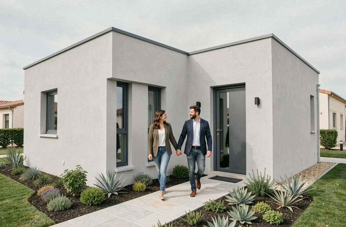 Couple se promenant devant un pavillon moderne construit par Tarn Pavillon dans un lotissement du département du Tarn