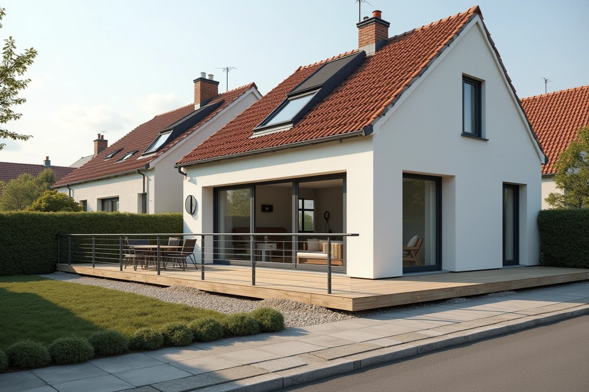 Terrasse en bois accolée à une maison pavillonnaire française soumise à déclaration fiscale