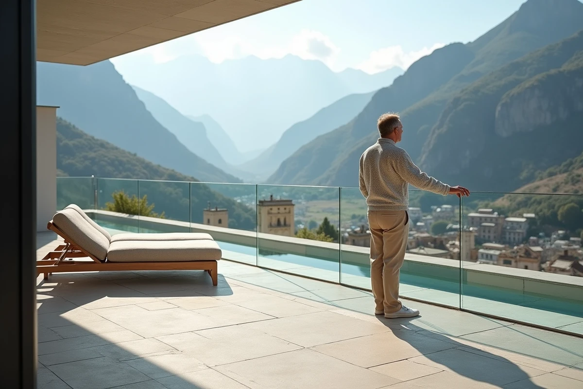 Terrasse d'un penthouse de luxe en Andorre avec vue dégagée sur la vallée et un village pyrénéen