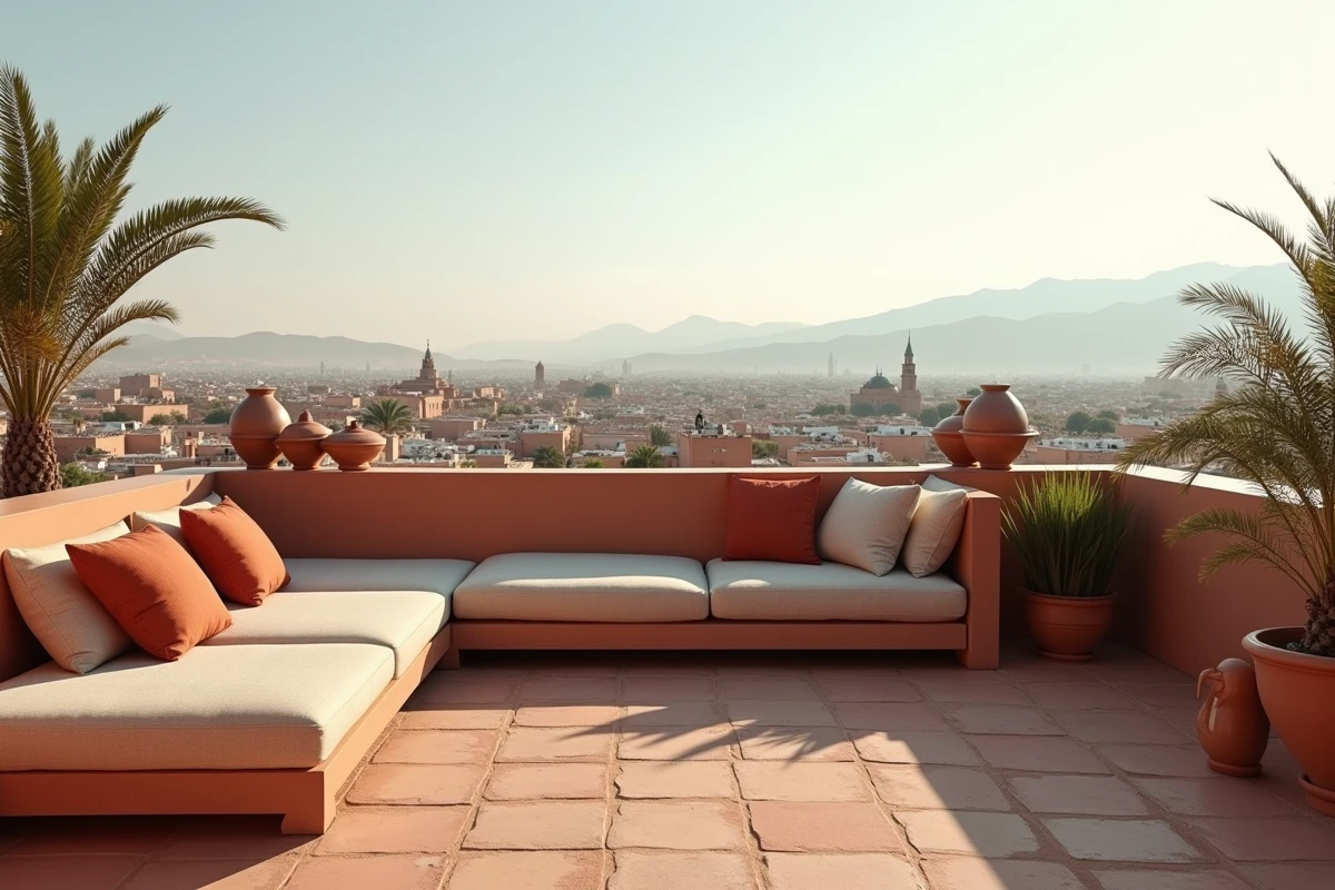 Terrasse d'une villa à Targa Marrakech avec vue panoramique sur les toits de la ville et les montagnes de l'Atlas