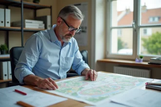 Urbaniste municipal examinant un plan de division parcellaire dans un bureau administratif