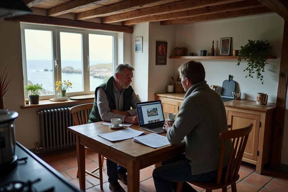 Couple installé dans une cuisine normande rustique entouré de factures et d'un ordinateur consultant des annonces immobilières