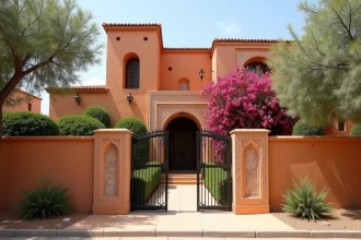 Villa à vendre à Marrakech Targa avec façade traditionnelle en tadelakt et jardin privé avec bougainvillées