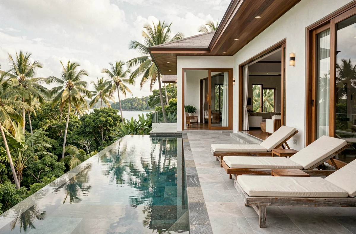 Villa de luxe à vendre à Koh Samui avec piscine à débordement et vue sur la jungle tropicale, idéale pour la location saisonnière