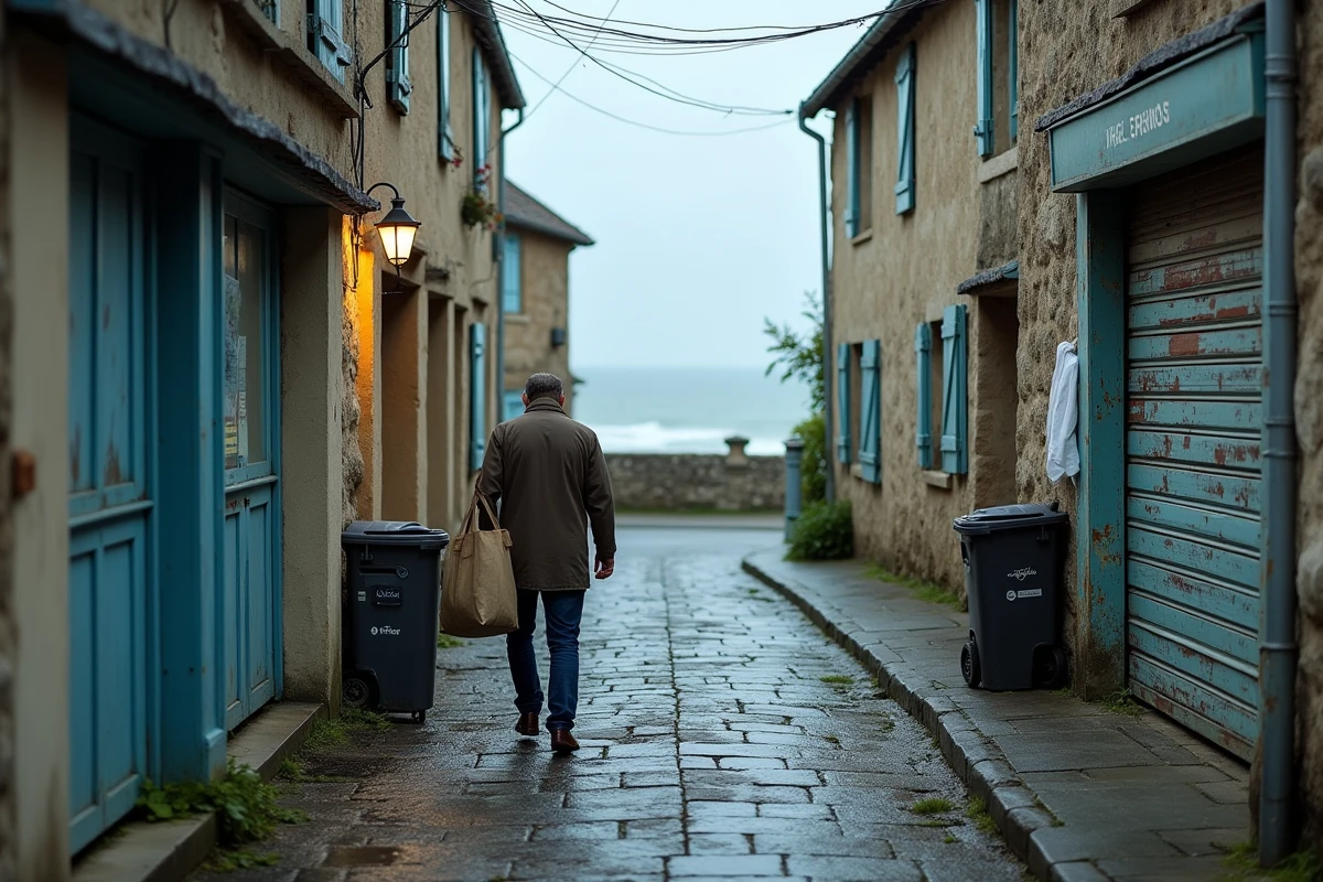 Rue pavée déserte d'un village normand en bord de mer en hiver avec maisons fermées et un habitant à l'année