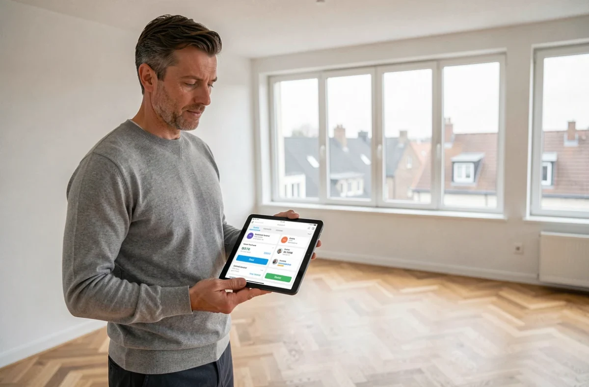 Homme consultant des données de comparaison de prix sur tablette lors d'une visite d'appartement pour affiner sa stratégie de négociation immobilière