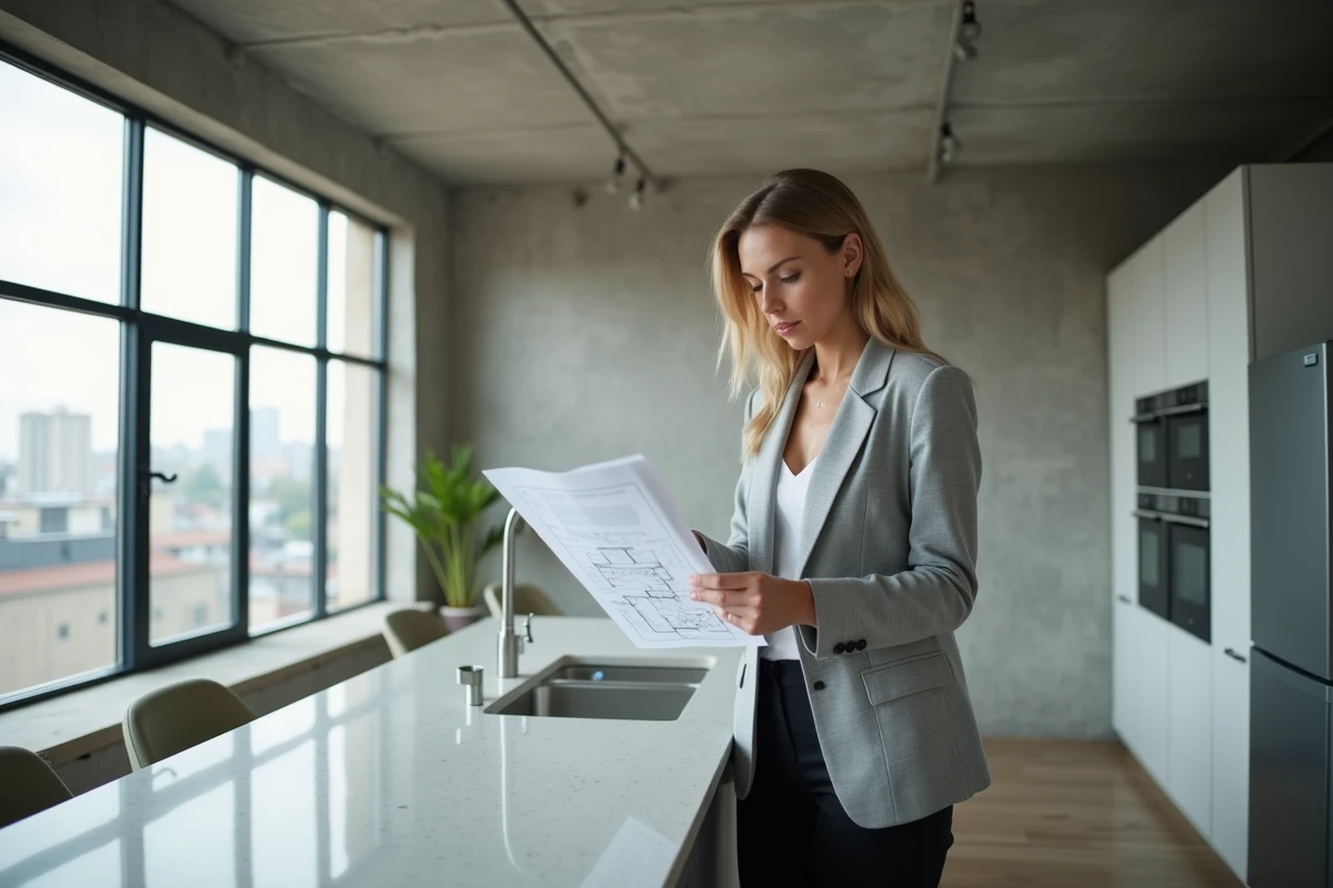 Femme examinant un plan d'appartement lors d'une visite immobilière avant consultation notariale