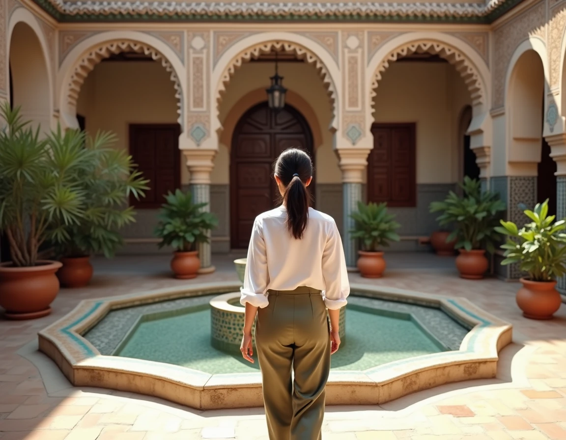 Femme visitant le patio intérieur d'une maison marocaine traditionnelle à vendre à Marrakech avec zellige et fontaine centrale