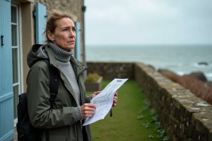 Femme devant une maison normande en pierre face à la mer en automne, tenant des clés et une annonce immobilière