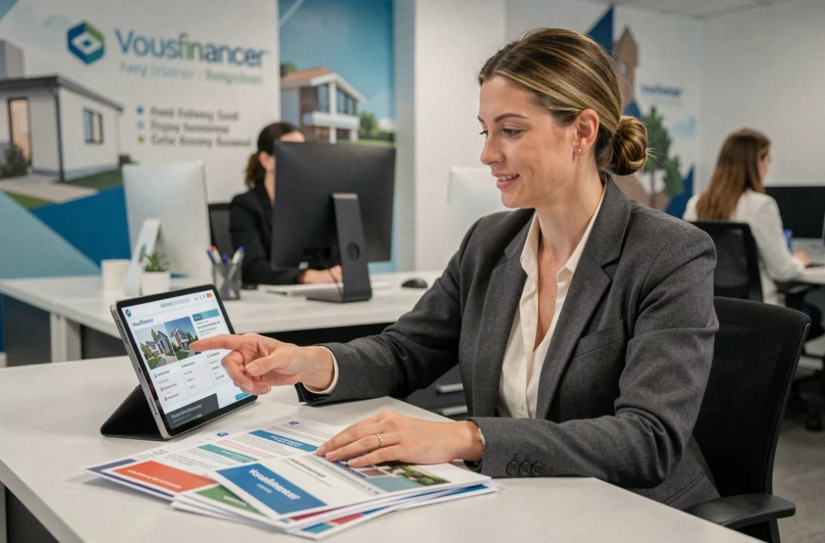 Conseillère Vousfinancer Nancy présentant des brochures de financement immobilier à un client dans une agence moderne