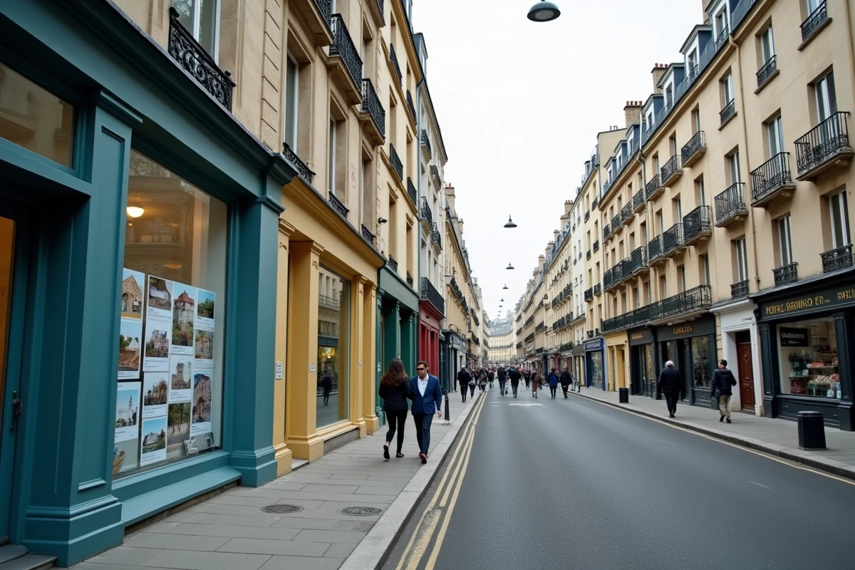Vue de rue du Quartier Nord de Villeneuve-Saint-Georges montrant des commerces rénovés et des annonces immobilières