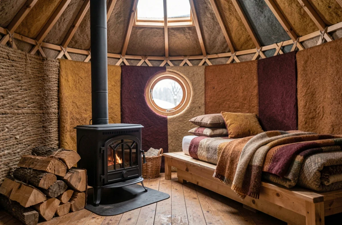 Intérieur chaleureux d'une yourte isolée pour l'hiver avec poêle à bois et revêtements en feutre épais