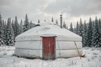 Yourte traditionnelle isolée dans un paysage hivernal enneigé entourée de sapins givrés