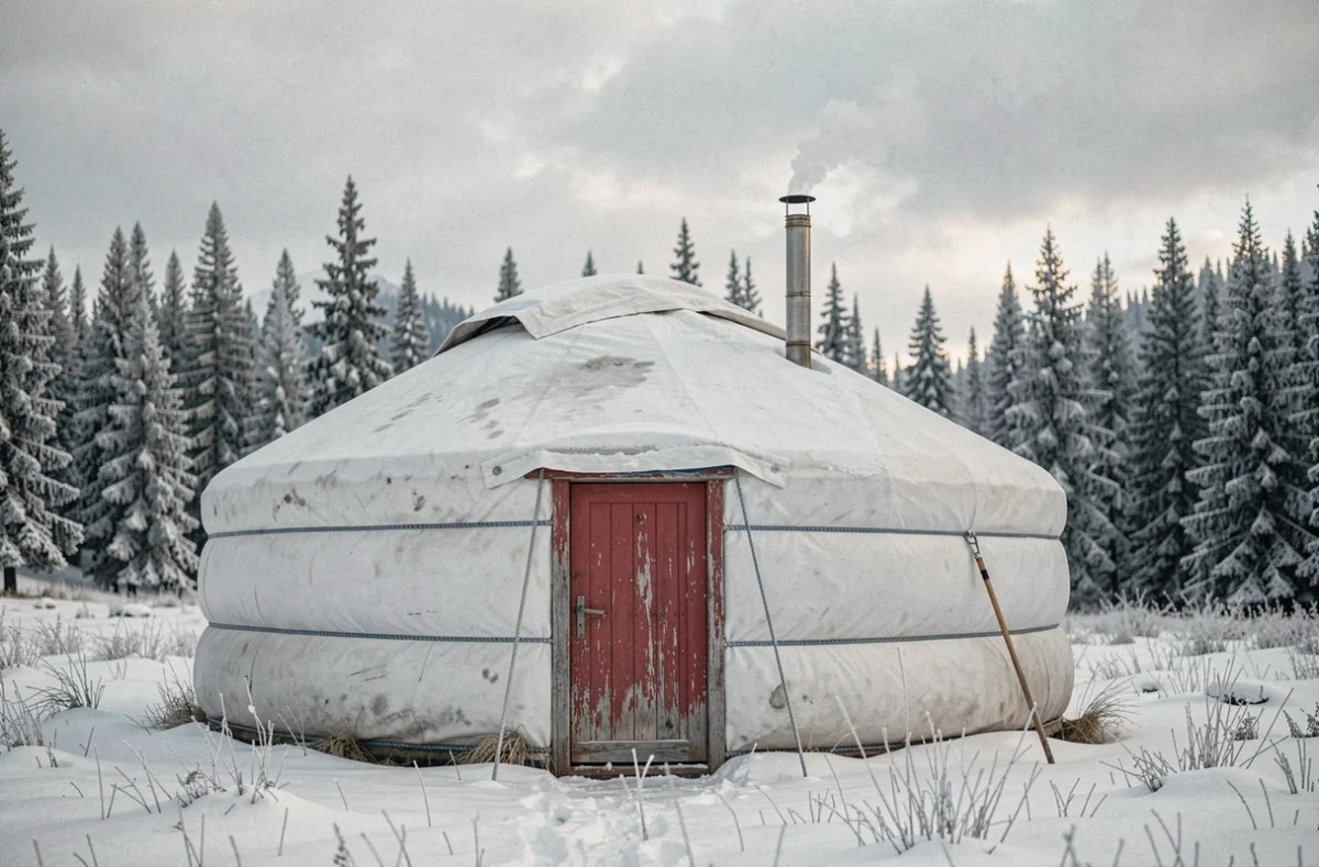 Yourte traditionnelle isolée dans un paysage hivernal enneigé entourée de sapins givrés